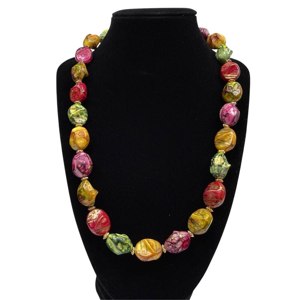 Vibrant Multicolor Acrylic Beaded Statement Necklace Gold Accent Fashion 21"
